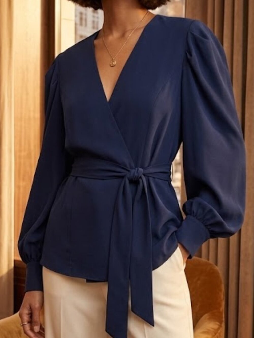 Cuyana Deep Navy Wrap Blouse with Tie Waist